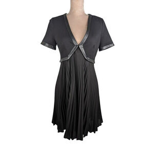 The Kooples Lamb Leather Trim Pleated Black A Line Deep V NWT Mini Dress 38 US 8